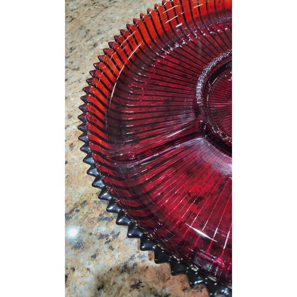 Mikasa Crystal 13" Divided Tray Diamond Fire Pattern Celebrations Red - Picture 7 of 10